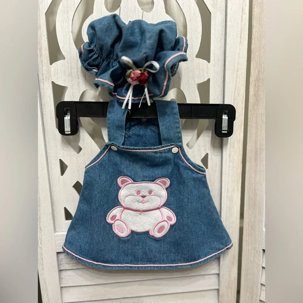 Vintage Y2K Denim Baby Dress with Teddy Appliqué and Matching Scrunchie Hat
